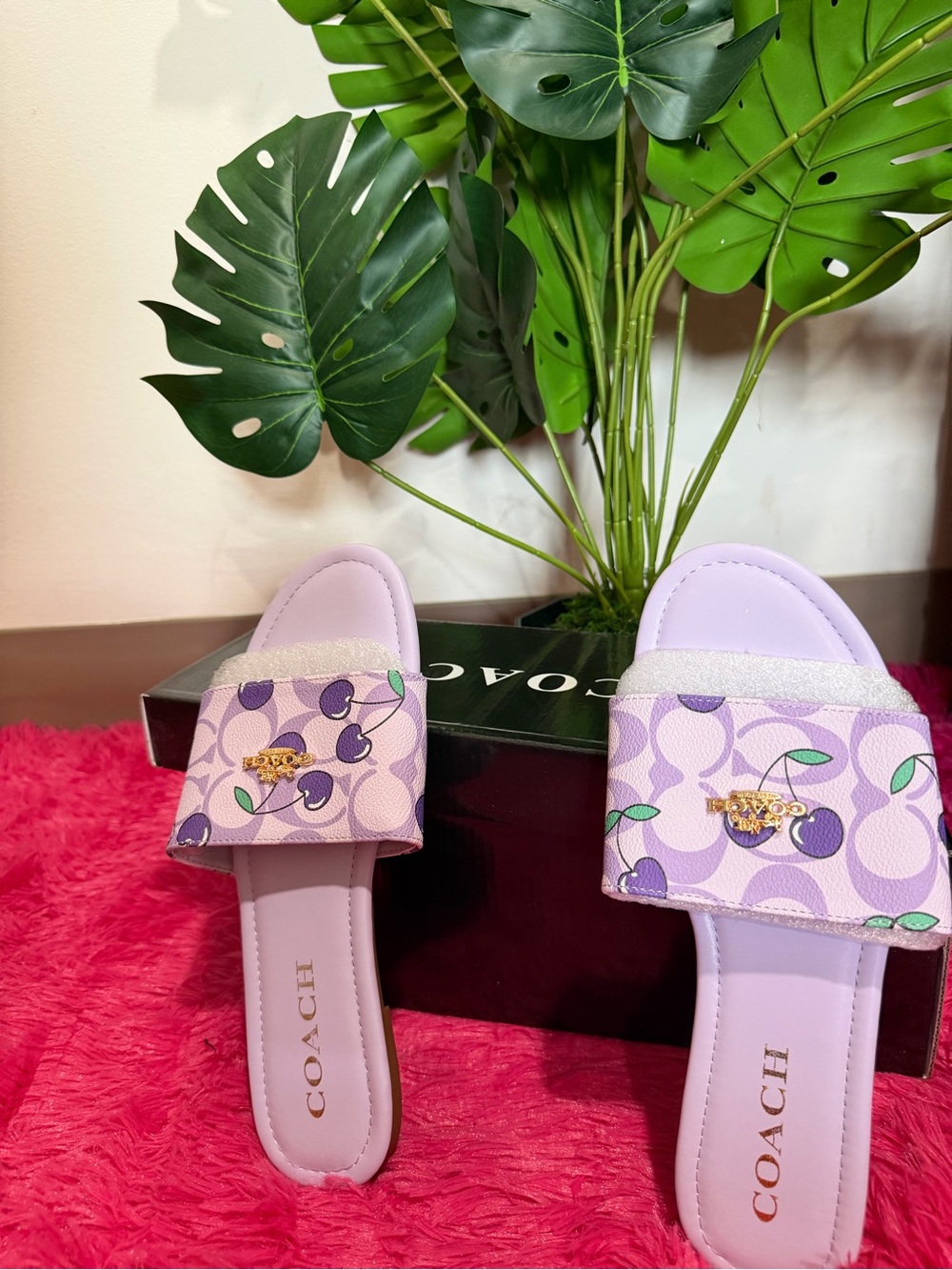 Coach Lavender Cherry-Print Slide Sandals